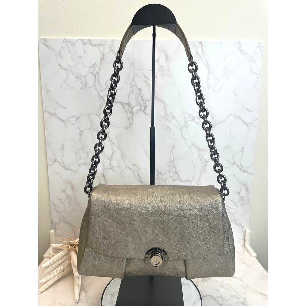 HENRI BENDEL Metallic-Finished Leather Flap Shoulder Bag, Gunmetal-Tone EUC